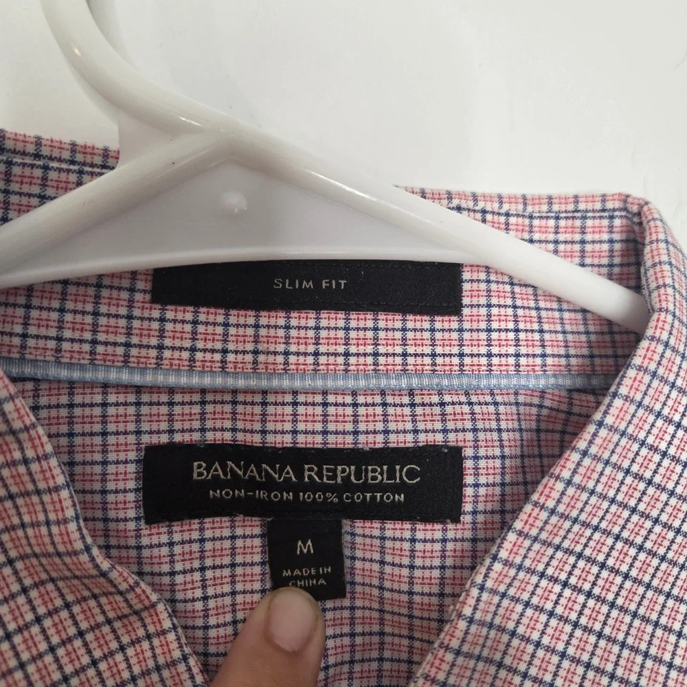 Banana Republic Mens Slim Fit Non-Iron Cotton Grid‎ Check Dress Shirt Red Blue M